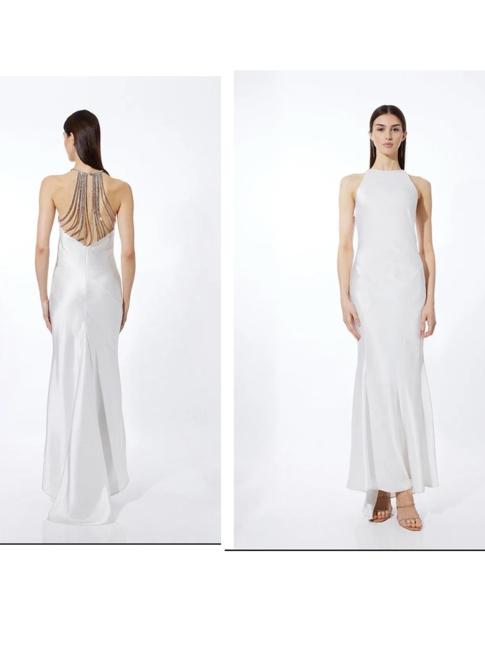 Karen Millen NWT Ivory Heavy Satin Diamante Halter Maxi Gown US 6
